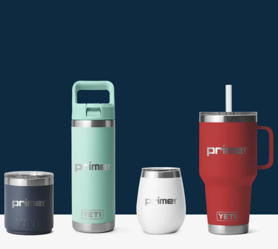 line of Yeti drinkware engraved with Prime Line logos